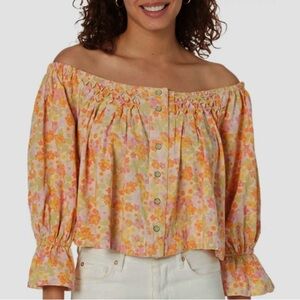 FREE PEOPLE JAMES FLORAL SMOCKED TOP OFF SHOULDER LONG SLEEVE SMALL